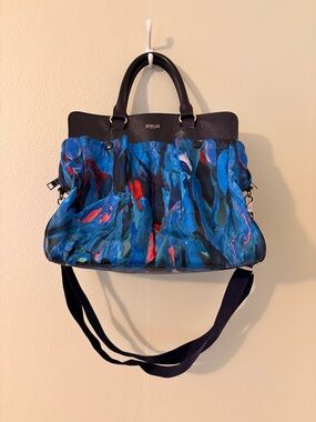MZ Wallace Blue Multicolor Abstract Tote with Navy Blue Leather Trim